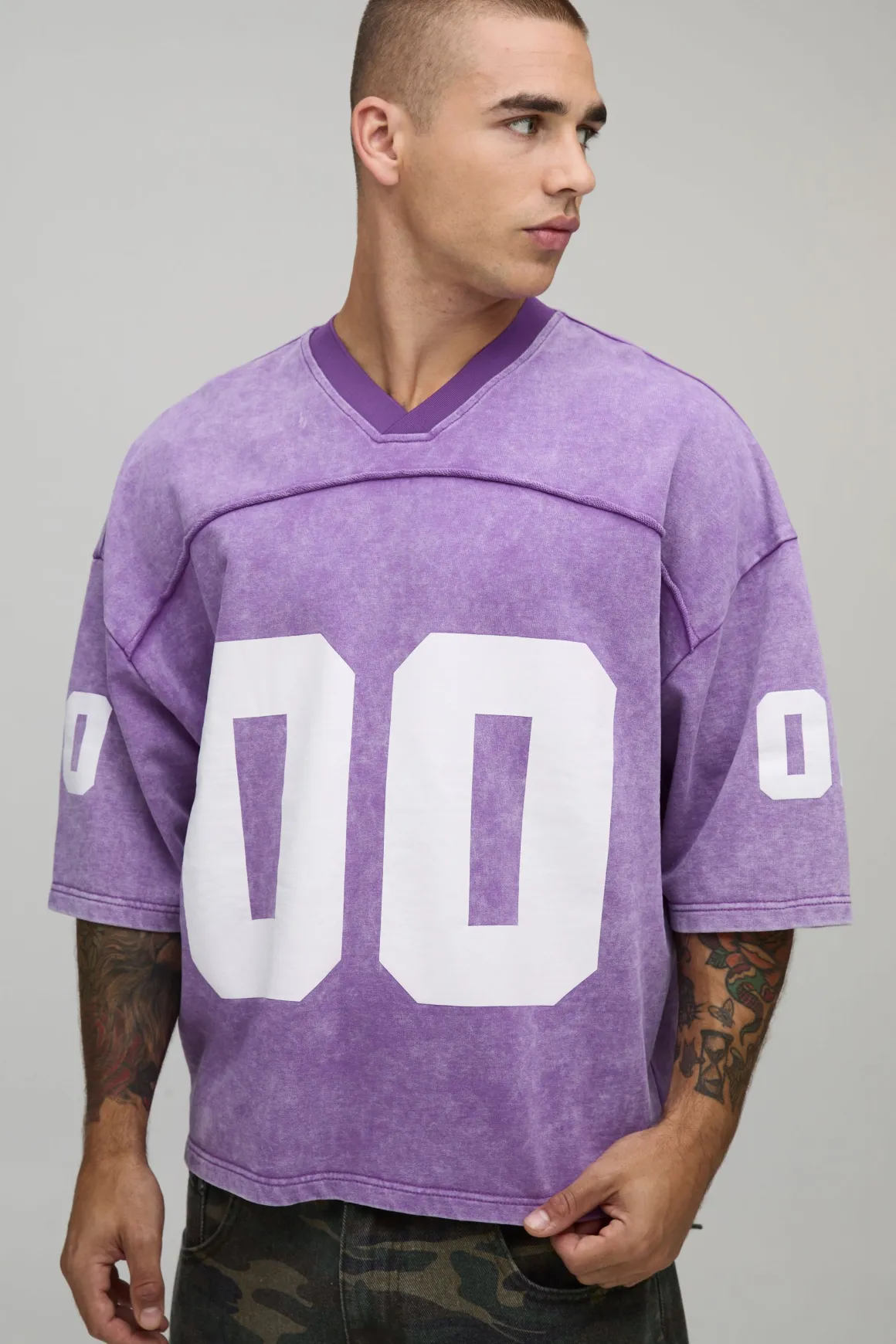 Haut De Sport Baseball Col V Délavé Imprimé 00 Détails Coutures Coupe Ample Oversize