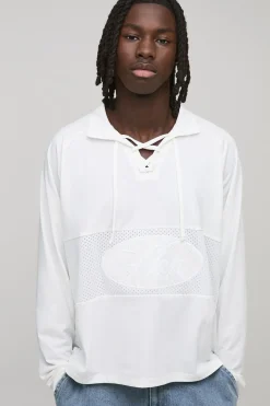 Haut de sport pour homme surdimensionné, coupe boxy en maille, col à lacets, manches longues, style script