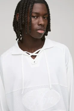 Haut de sport pour homme surdimensionné, coupe boxy en maille, col à lacets, manches longues, style script