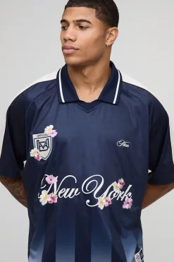 Haut de sport surdimensionné à coupe carrée, à rayures florales de New York et brodé