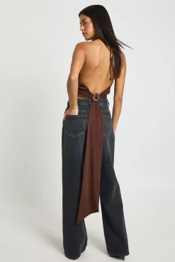 boohoo Haut Dos Nu Taille Cintrée en Maille Sculptante Mate<Femme Looks Chocolat|Tops