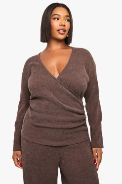 boohoo Haut drapé à manches longues Plus<Femme Looks Chocolat|Tops D’Automne
