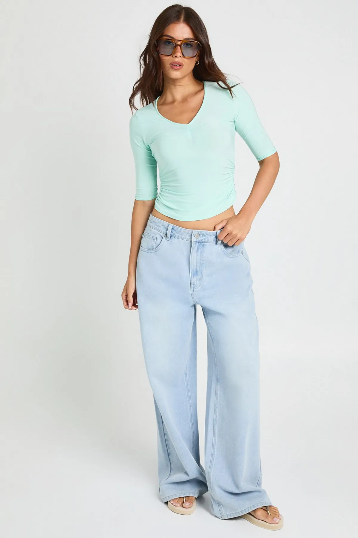 boohoo Haut À Encolure Arrondie Froncé À Manches 3/4 Toucher Doux<Femme Tops