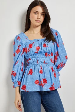 Haut à Encolure Carrée et Manches Bouffantes Motif Floral Bleu
