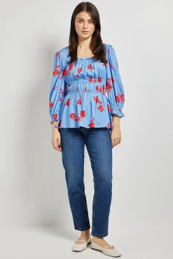 Haut à Encolure Carrée et Manches Bouffantes Motif Floral Bleu