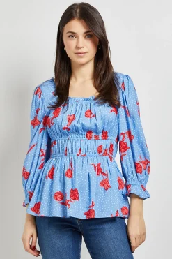 Haut à Encolure Carrée et Manches Bouffantes Motif Floral Bleu