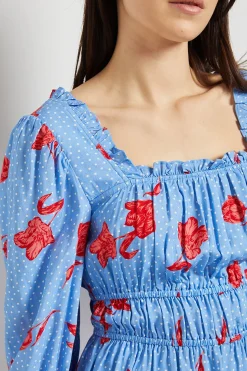 Haut à Encolure Carrée et Manches Bouffantes Motif Floral Bleu