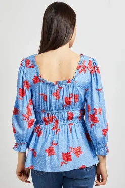 Haut à Encolure Carrée et Manches Bouffantes Motif Floral Bleu