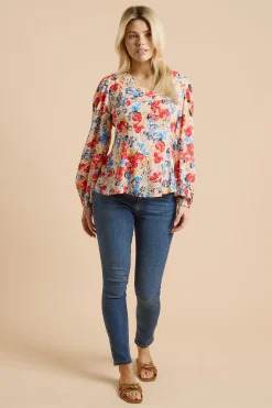 Haut À Encolure En V Et Manches Bouffantes À Motif Floral
