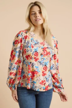 Haut À Encolure En V Et Manches Bouffantes À Motif Floral
