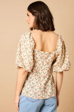 Haut en Coton à Manches Bouffantes et Col Carré Imprimé