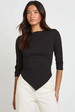 boohoo Haut En Coton Épais À Manches 3/4 Avec Détails Boutonnés<Femme Tops
