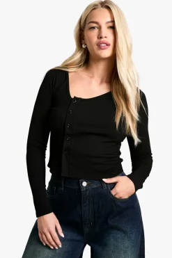boohoo Haut en côtes à col asymétrique et à fermeture boutonnée<Femme Tops