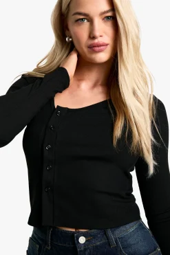 boohoo Haut en côtes à col asymétrique et à fermeture boutonnée<Femme Tops