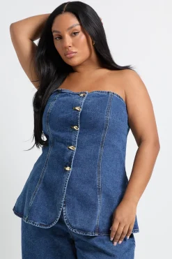 boohoo Haut en denim à bandeau avec détails de boutons dorés<Femme Denim|Denim