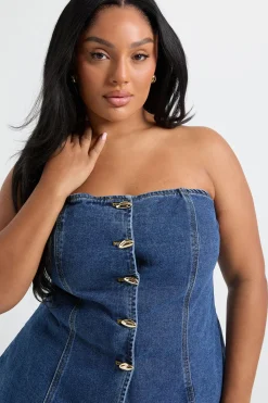 boohoo Haut en denim à bandeau avec détails de boutons dorés<Femme Denim|Denim