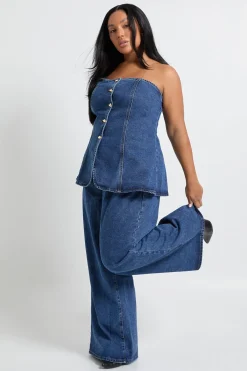 boohoo Haut en denim à bandeau avec détails de boutons dorés<Femme Denim|Denim
