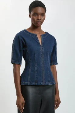 KarenMillen Haut En Denim À Basque Et Manches Courtes<Femme Denim|Vestes & Manteaux