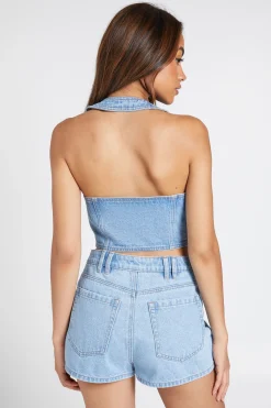 boohoo Haut En Denim Col Licou<Femme Denim|Denim