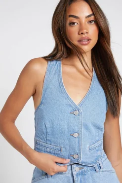 boohoo Haut En Denim Col Licou<Femme Denim|Denim