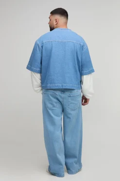 Haut en Denim Style Universitaire Oversize Boxy avec Appliqués Effet Superposition Plus