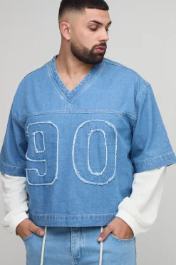 Haut en Denim Style Universitaire Oversize Boxy avec Appliqués Effet Superposition Plus