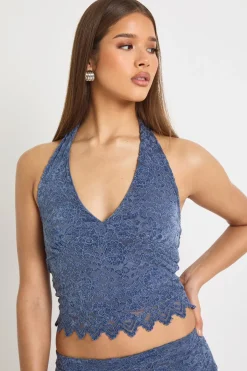 boohoo Haut en dentelle flockée à encolure halterneck<Femme Satin Et Dentelle|Tops