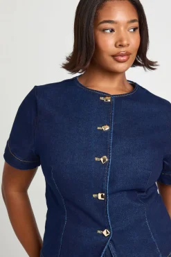 Haut en Jean à Manches Courtes avec Boutons Dorés Grande Taille