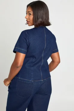 Haut en Jean à Manches Courtes avec Boutons Dorés Grande Taille