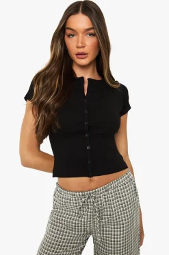 boohoo Haut en jersey côtelé à boutons et manches cap<Femme Tops