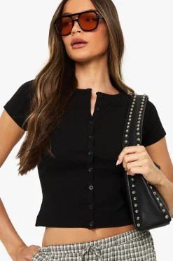 boohoo Haut en jersey côtelé à boutons et manches cap<Femme Tops