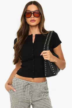 boohoo Haut en jersey côtelé à boutons et manches cap<Femme Tops