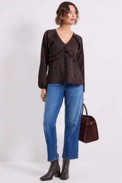 Haut en Jersey Imprimé Animal Marron avec Couture Empire et Détail Volant