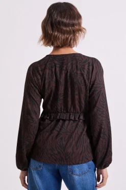 Haut en Jersey Imprimé Animal Marron avec Couture Empire et Détail Volant