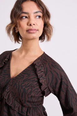 Haut en Jersey Imprimé Animal Marron avec Couture Empire et Détail Volant