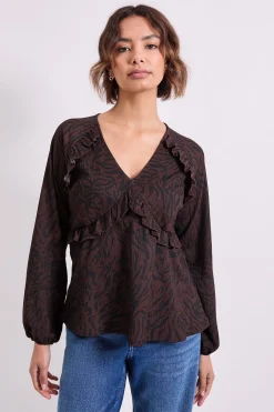 Haut en Jersey Imprimé Animal Marron avec Couture Empire et Détail Volant