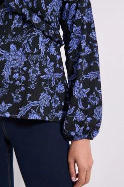 Haut en Jersey Imprimé Bleu Floral avec Couture Empire et Détail Volant