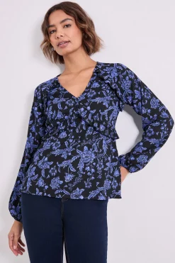 Haut en Jersey Imprimé Bleu Floral avec Couture Empire et Détail Volant