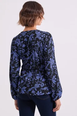Haut en Jersey Imprimé Bleu Floral avec Couture Empire et Détail Volant