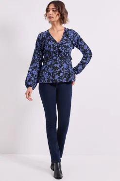 Haut en Jersey Imprimé Bleu Floral avec Couture Empire et Détail Volant