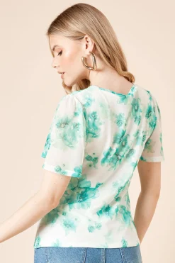 Haut en Jersey Maille Florale Verte à Manches Évasées et Fronces Devant avec Détail Décolleté