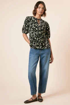 Haut en Jersey à Motif Floral avec Nœud Papillon et Manches Bouffantes