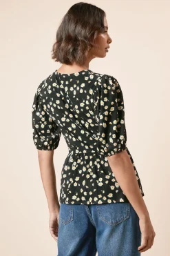 Haut en Jersey à Motif Floral avec Nœud Papillon et Manches Bouffantes