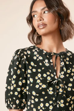Haut en Jersey à Motif Floral avec Nœud Papillon et Manches Bouffantes
