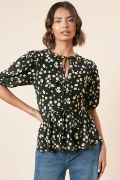 Haut en Jersey à Motif Floral avec Nœud Papillon et Manches Bouffantes