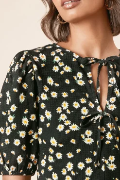 Haut en Jersey à Motif Floral avec Nœud Papillon et Manches Bouffantes