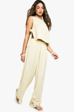 boohoo Haut en lin à nouer sur le côté et pantalon à jambes larges coordonné<Femme Ensembles