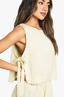 boohoo Haut en lin à nouer sur le côté et pantalon à jambes larges coordonné<Femme Ensembles