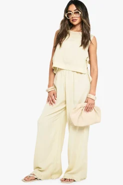 boohoo Haut en lin à nouer sur le côté et pantalon à jambes larges coordonné<Femme Ensembles