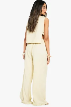 boohoo Haut en lin à nouer sur le côté et pantalon à jambes larges coordonné<Femme Ensembles